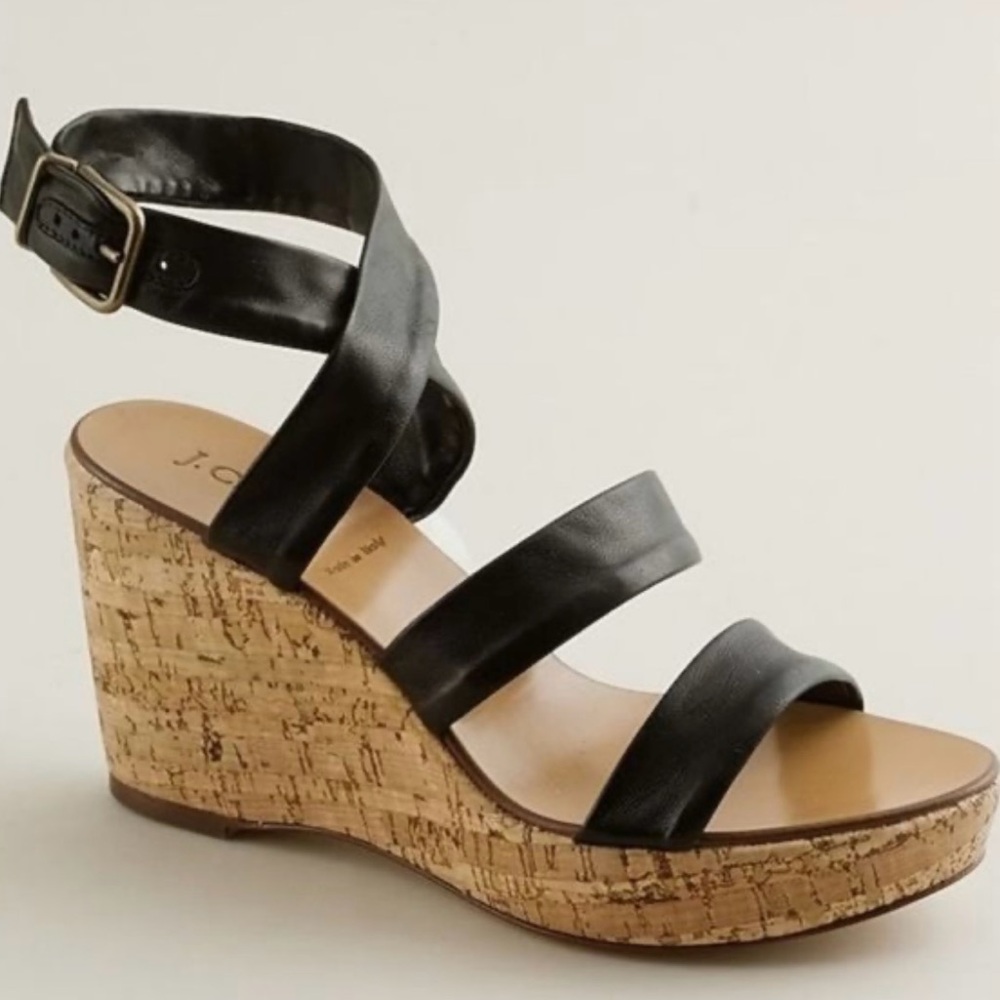 J. Crew | NEW IN BOX Black Leather Wedge Sandals Size 8 - Picture 1 of 9